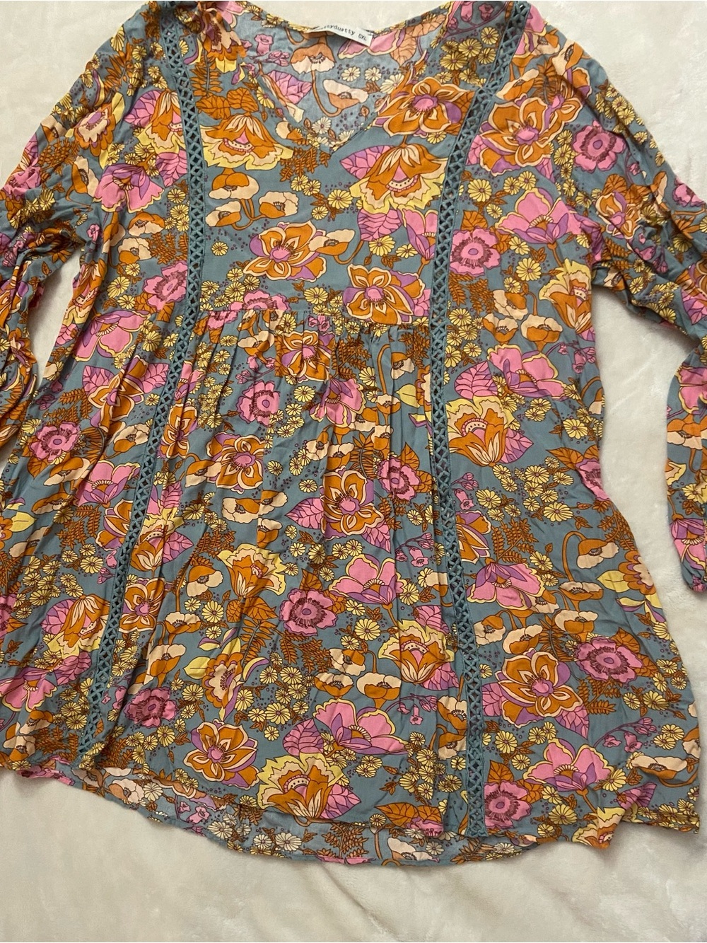 Russtdustty Floral V-Neck Tunic in Pink & Mustard on Slate